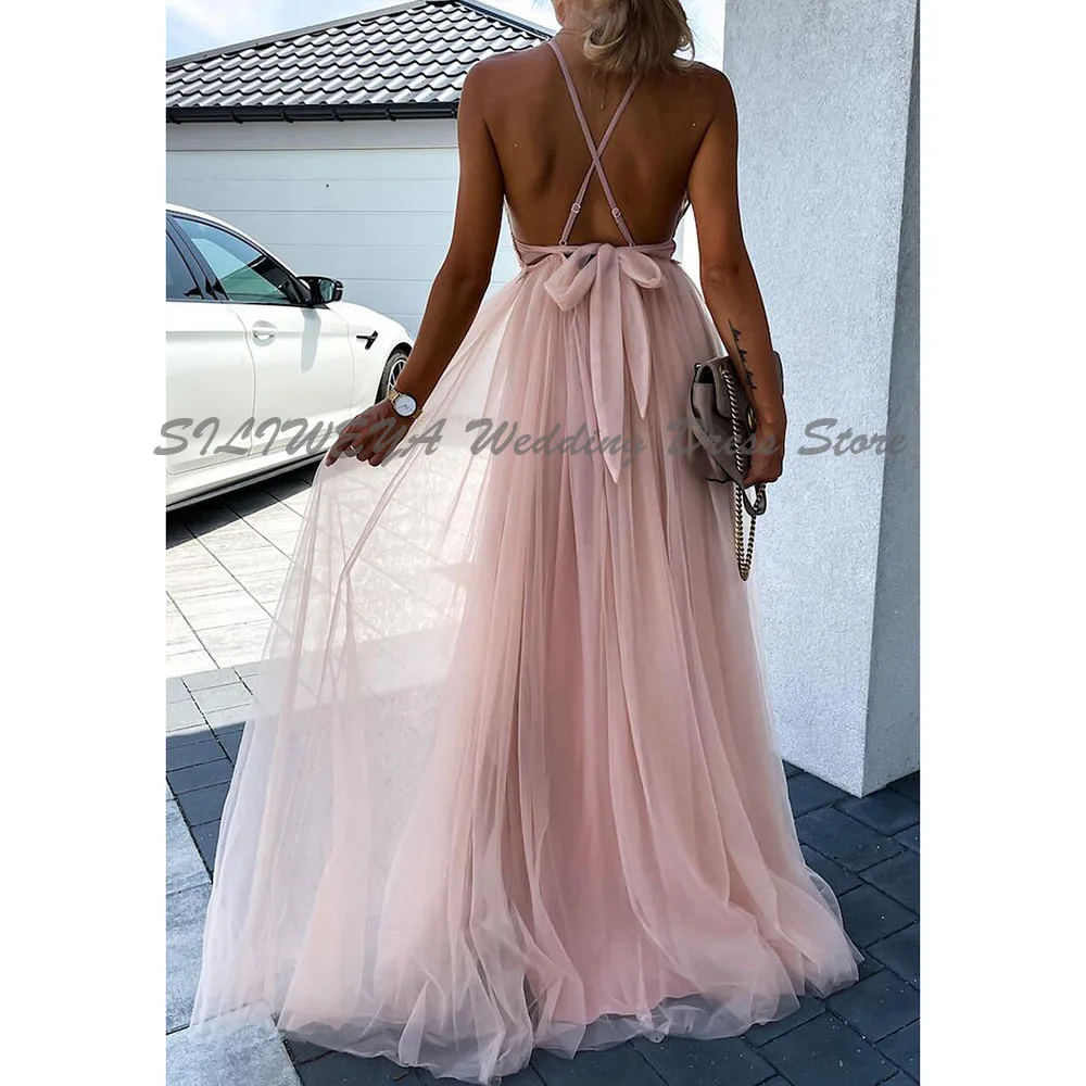 Vestidos de noite requintados femininos cinta de espaguete sem mangas banquete festa de formatura uma linha com decote em v sem costas vestidos femininos trem varredura