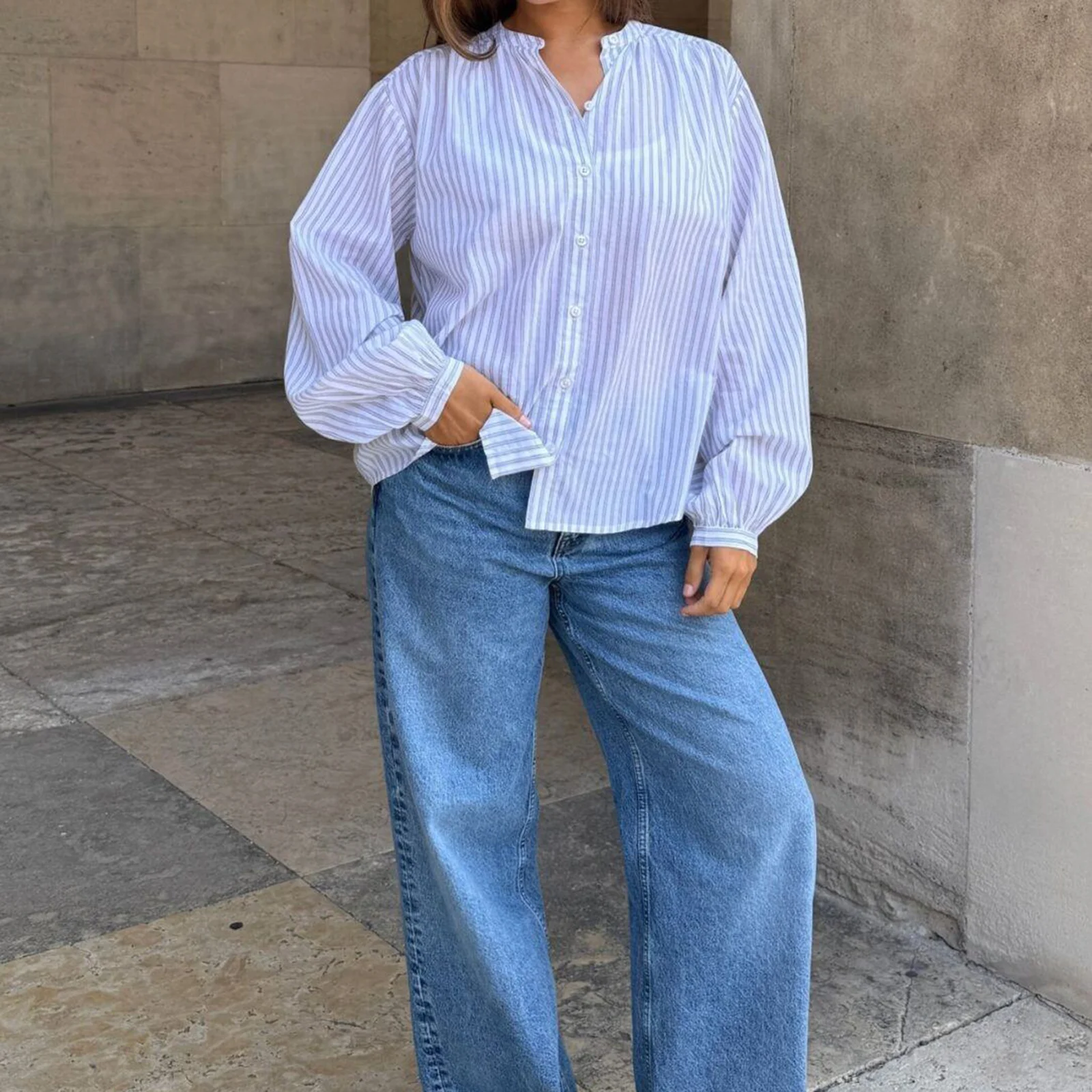 قمصان نسائية جديدة فضفاضة بأزرار سفلية وأكمام طويلة بلون سادة/خطوط مطبوعة بلوزة خريفية لملابس الشارع #6