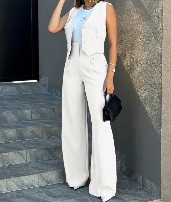 Fashion 2 Piece Sets Womens Outfits Sleeveless Blazer Vest Vest Pocket Wide Leg Pants Casual Suit Female Streetwear Autumn 2024