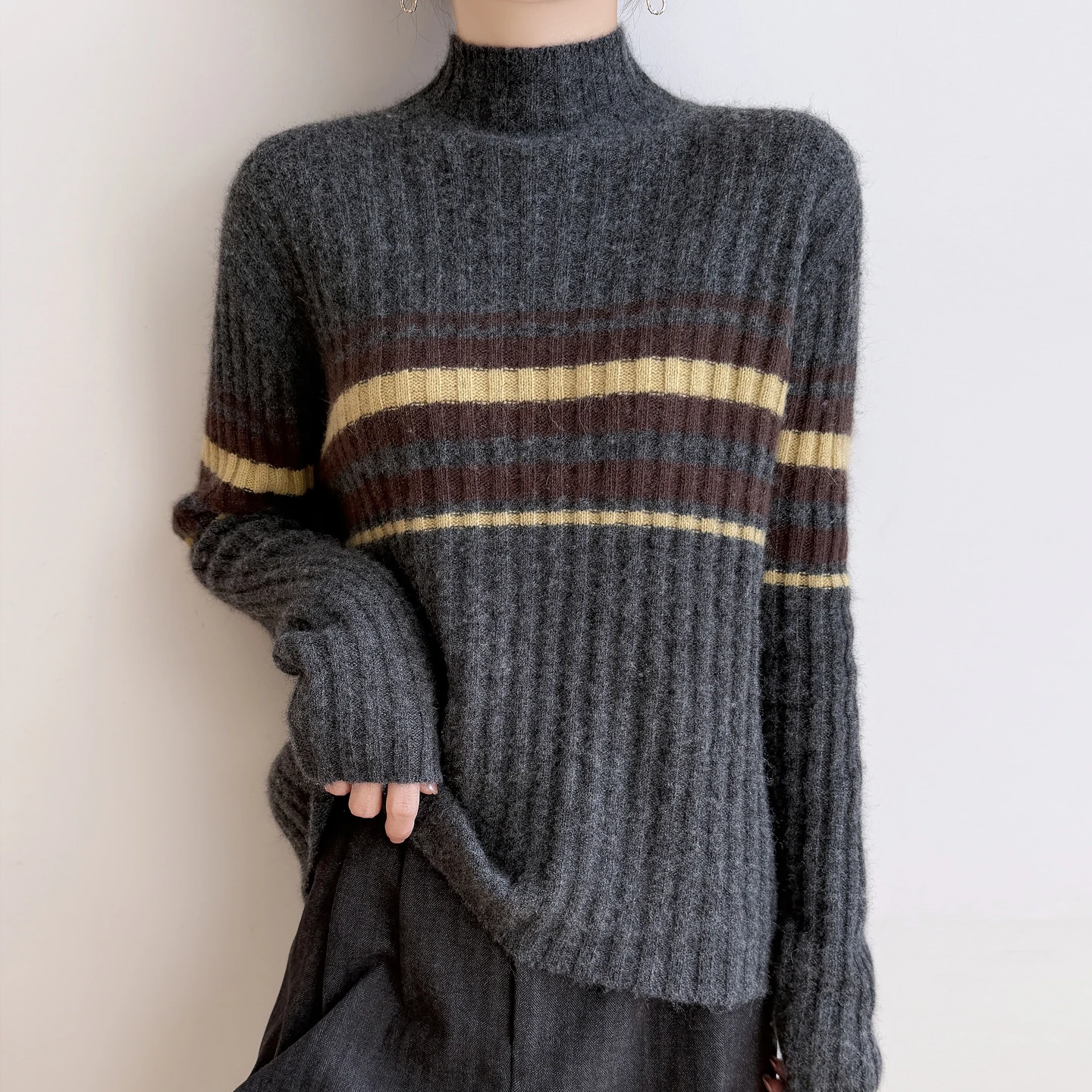 Fashionable Mock-Neck Sweater Autumn Winter  Female Cashmere  Pullover Elegant Warm Knitwear Causal Clothing
