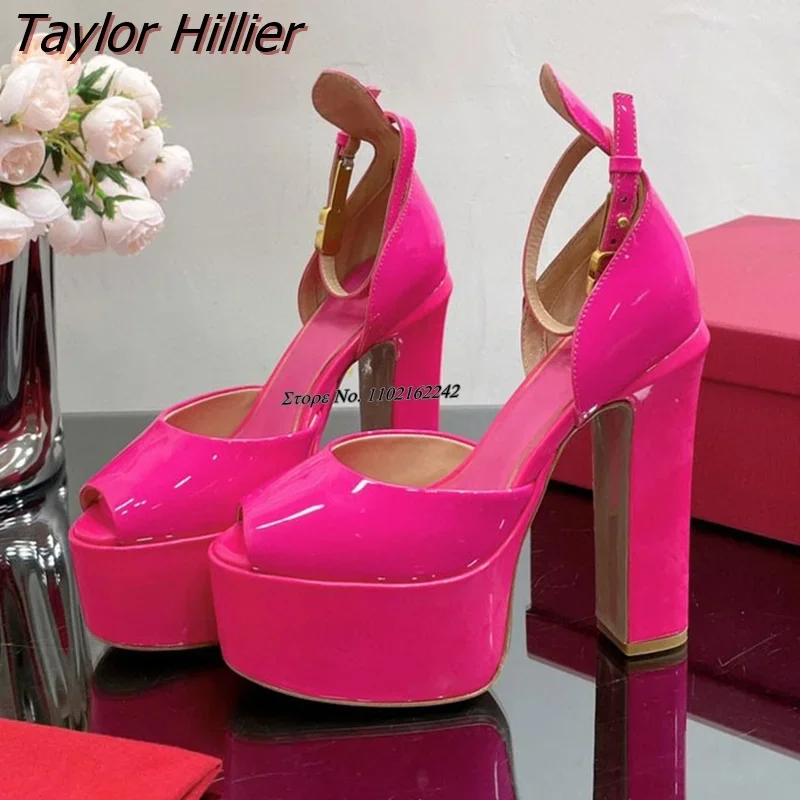 

Rose Red Patent Leather Shiny Water Table High Heels Round Toe Thick Heel Buckle Strap Sandals Banquet Party Dress Wedding Shoes