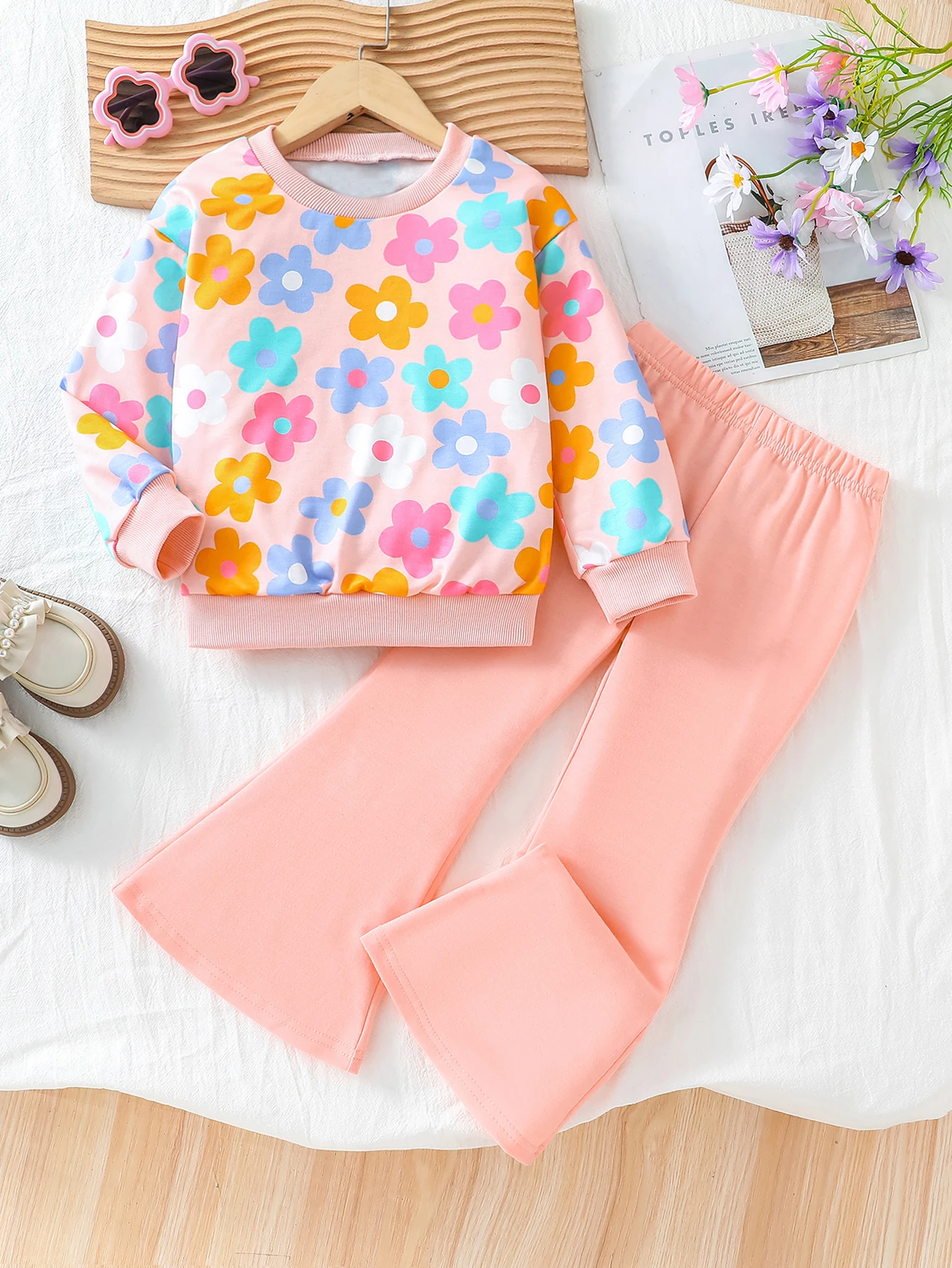 Girls 2PCS Outfit for 4-8Y, Colorful Floral Print Sweatshirt + Pink Flared Pants Kids Casual Set
