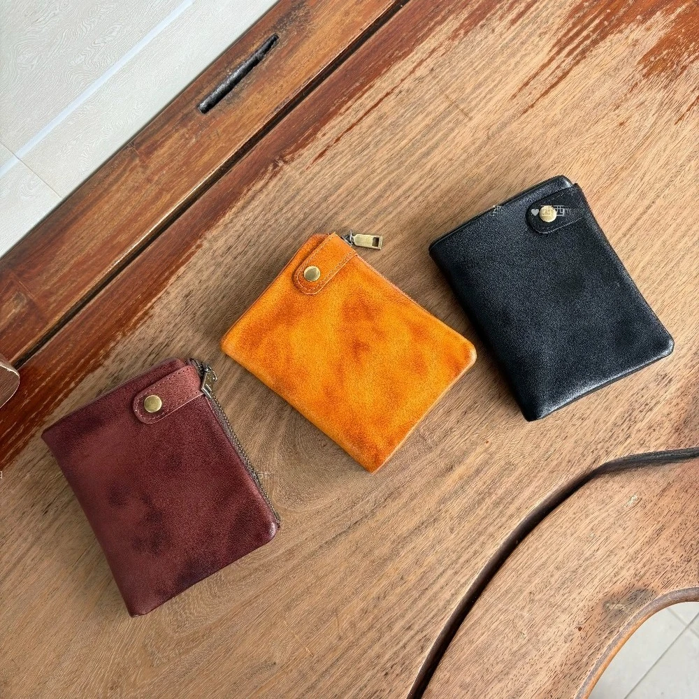 Vegetable-tanned leather vintage distressed short wallet, simple billfold, ID card holder, portable bank card holder
