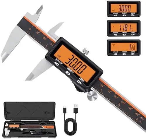 

HARDELL Rechargeable Digital Caliper - Stainless Steel Micrometer with Large Orange Screen, Inch/MM, Auto-Off for 3D Printing &