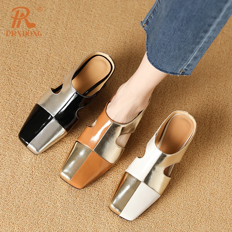 PRXDONG Women\'s Shoes New Brand Summer Genuine Cow Leather Med Heels Open Toe Silver Gold Dress Casual Female Slippers Sandals