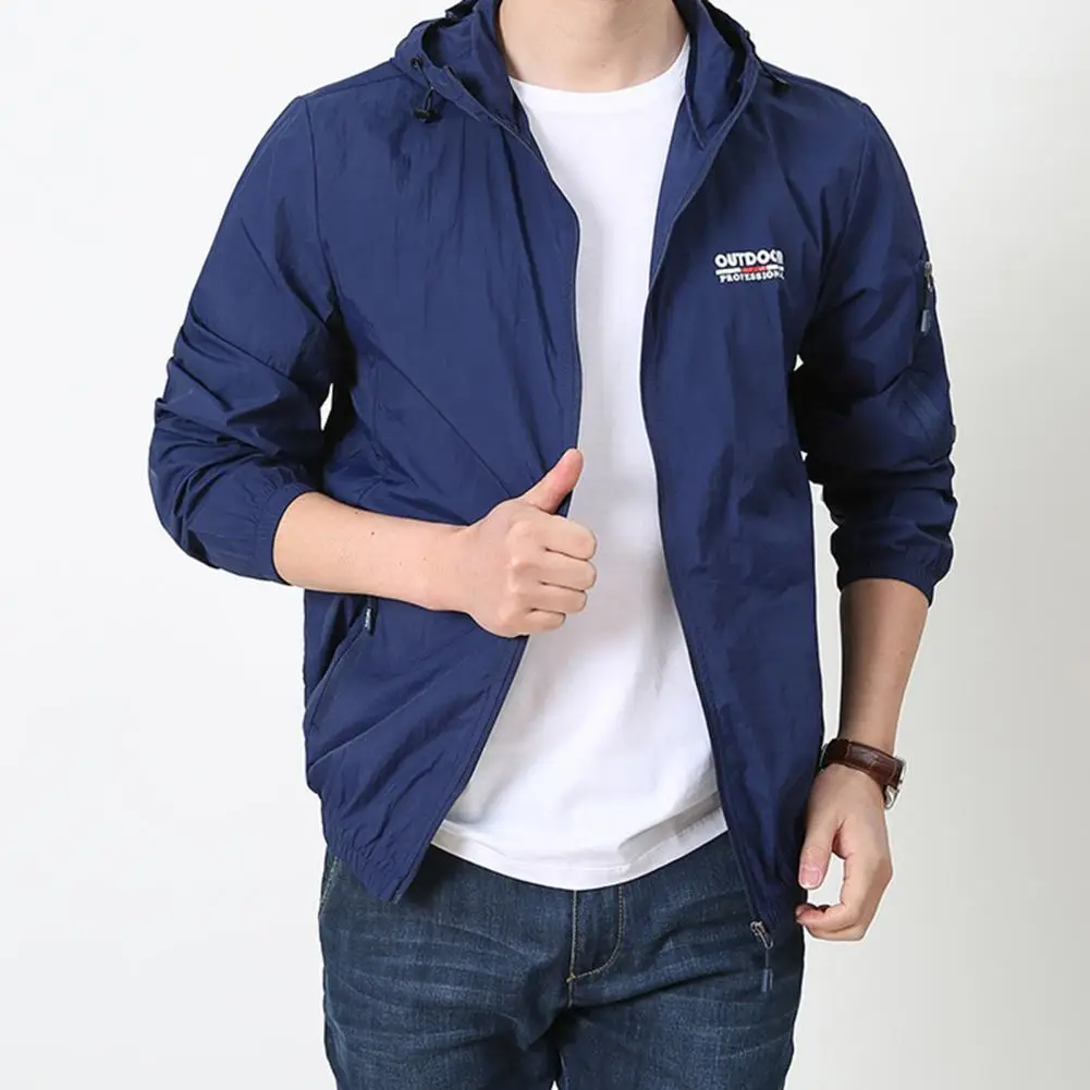Men Summer Sun Protection Coat Hooded Drawstring Long Sleeve Anti-UV Jacket Letter Print Zipper Placket Windbreaker 재켓