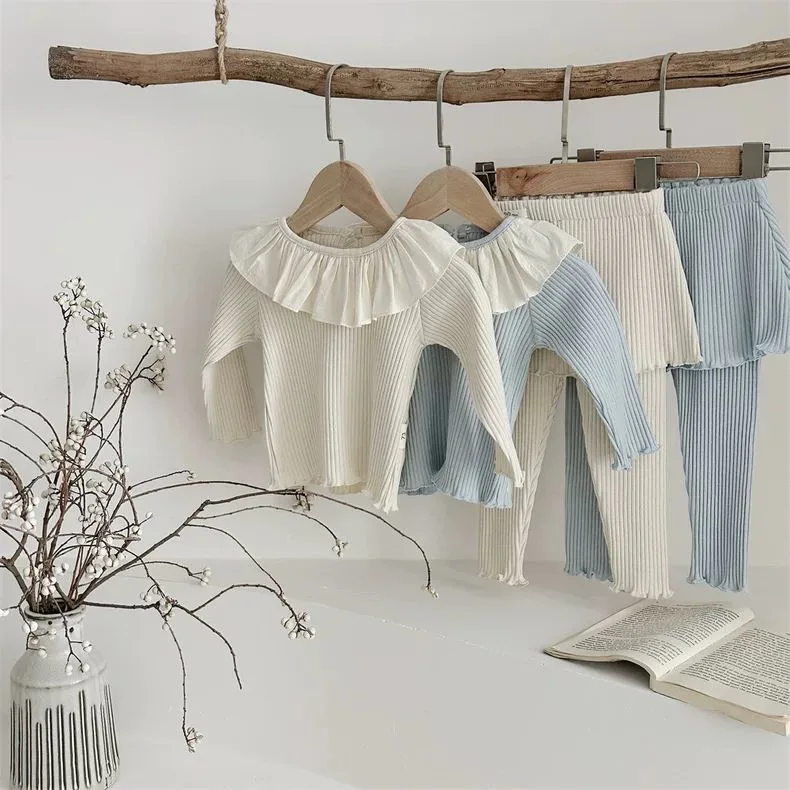 Spring and Autumn Girls' Suit Baby New Style Children Fashion and Comfortable Solid Color T-shirt Skirt Pants 2 Piece Set