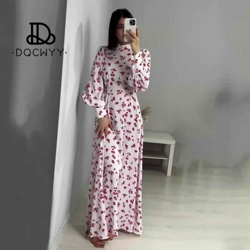 Summer Long Dress 2024 New in French Gentle Style Floral Romantic Forest Style Lace Up Waist Cinched Satin Party Dresses