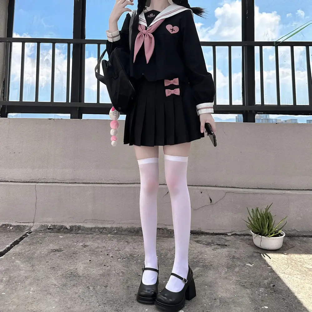 Summer Japanese Fashion Pink Black Love Bow Jk Uniform Top Student Pleated Skirt Women Y2k Sweet Sailor Suit Cosplay Uniform