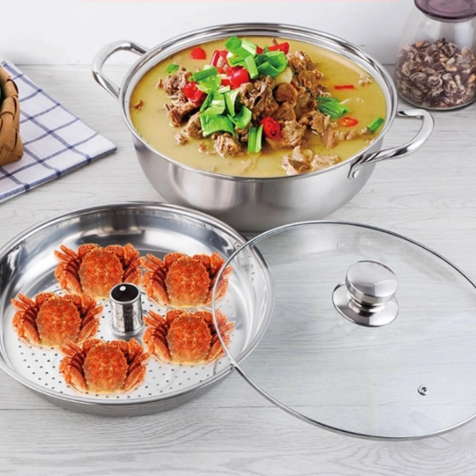 Stainless Steel Steamer Pot Polished Silver Glass Lid Steamer Pot Kitchen Cookware Stay-Cool Handles Induction Compatible - view 3