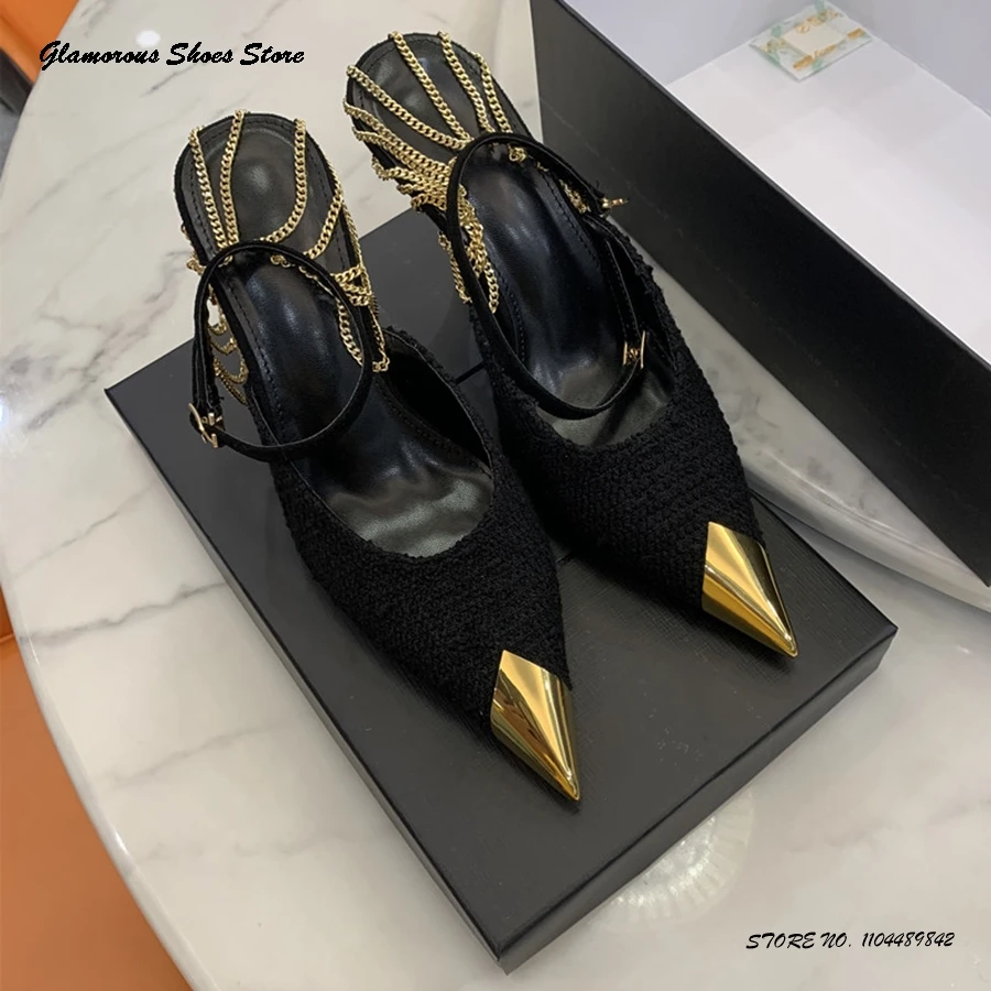 

Patchwork Chain Embellished Pumps Elegant Pointed Toe Thin High Heels Party Shoes Women's Classic Runway Buckle Strap Stilettos