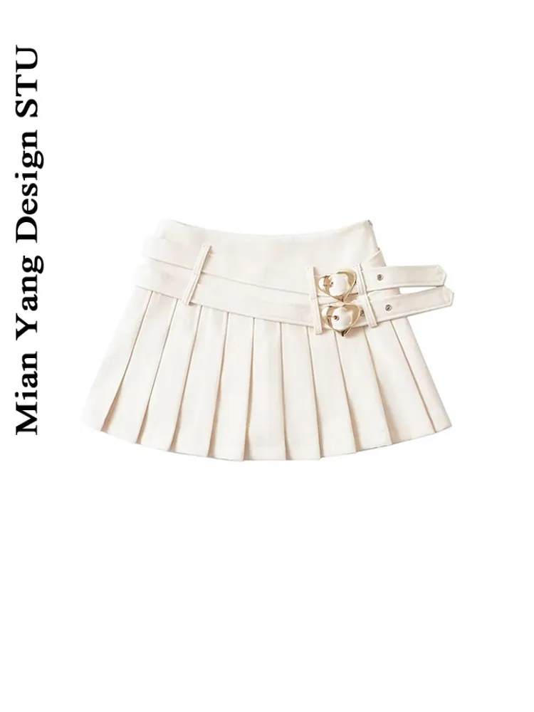 American Retro High Waist A-Line Skirt with Double Belts Anti-Light Checkered Short Skirts Street Style Pure Color Summe...