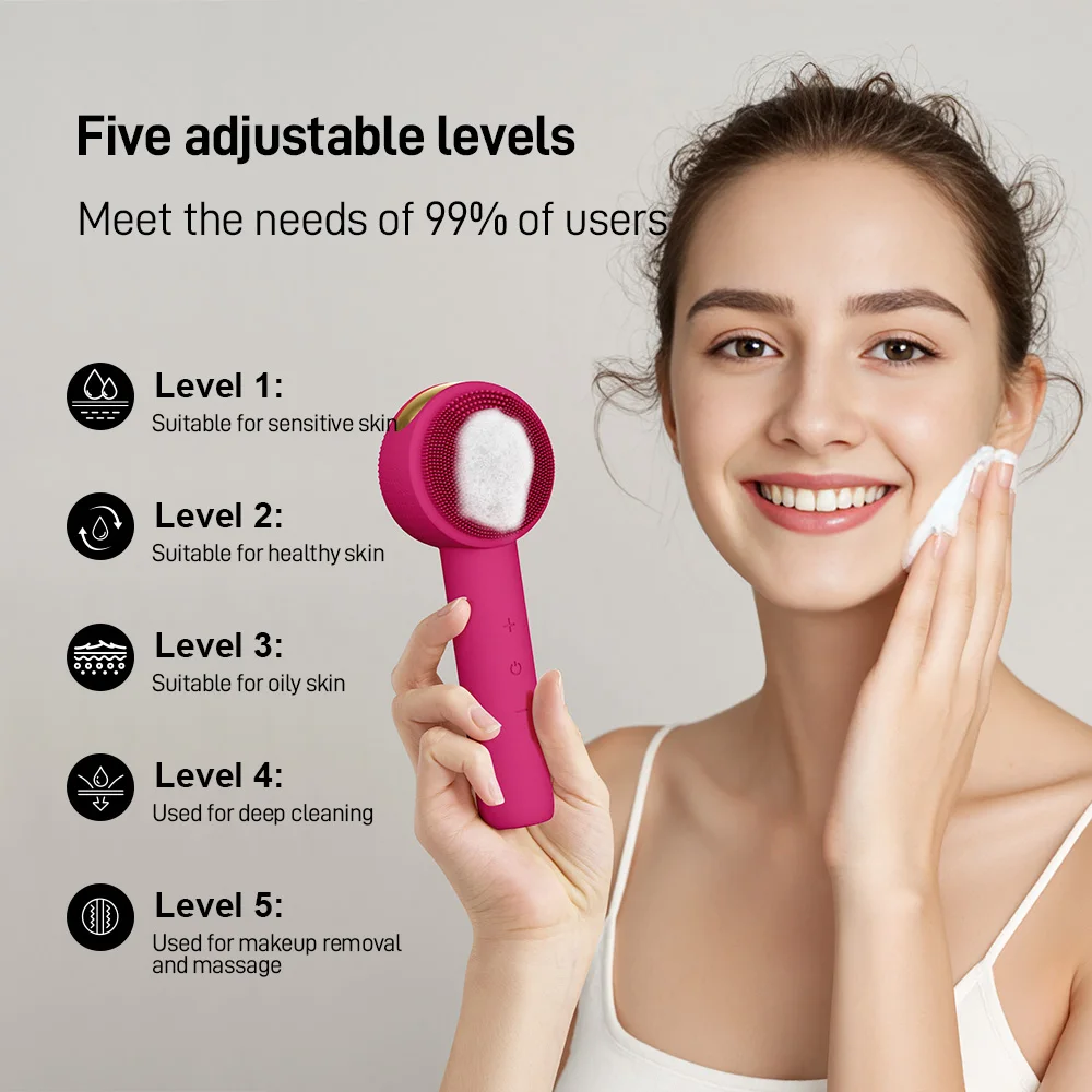 Spazzola per la pulizia del viso elettrica in silicone morbido a doppio lato Spazzola per il viso vibrante sonica a 5 livelli per la pulizia profonda esfoliante