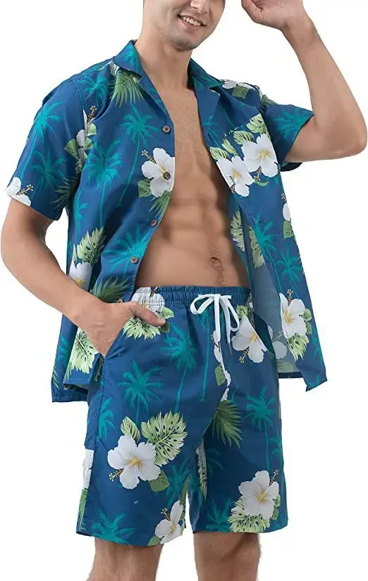 

Hawaiion Printed Set Men's 2Pcs Shirt+Shorts 3D Print Loose Leisure Short Sleeve Beach Shirt Holiday Fashion Two Piece Set Suits