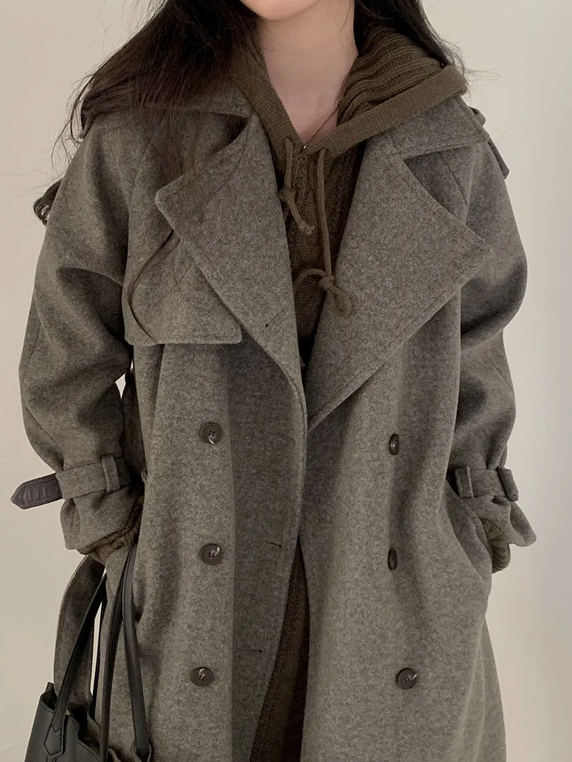 Abrigo de lana de invierno con doble botonadura y cuello de traje Retro elegante, abrigo largo de longitud media para mujer, abrigo largo de Color puro