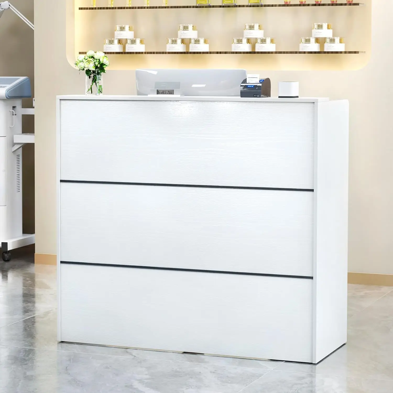 Reception Desk Counter Table, White Reception Desk Retail Counter Modern with Cable Grommet，Beauty Salon, Home Office