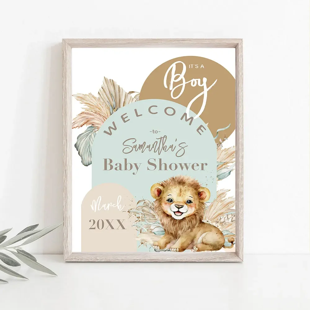 Custom Lion Balloon Birthday Party Welcome Poster Personalized Baby Shower Art Print Canvas Painting Baptism Wall Decor Picture