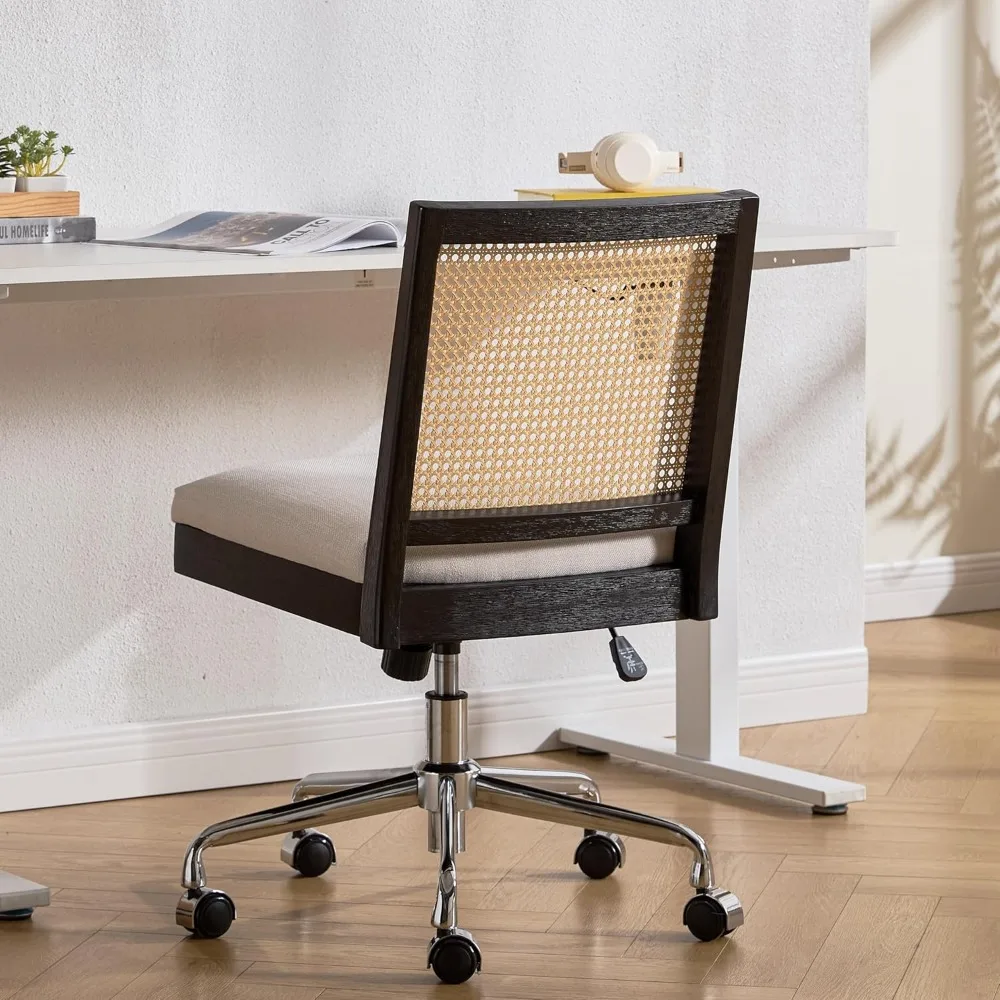 籐デスクチェア リネン生地張りコンピューターオフィスチェア、360 °   回転式ワークチェア（ホイール付き）快適なアームレスチェア