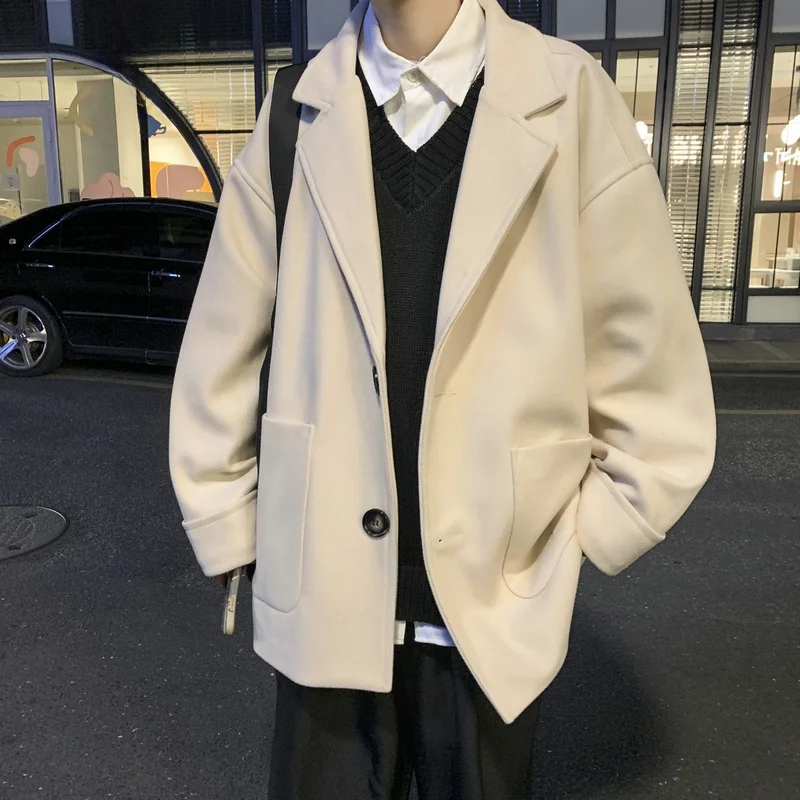 

Мужское шерстяное пальто средней длины на осень-зиму, повседневное, в британском стиле, ветрозащитное, оверсайз, с отложным воротником, на одной пуговице