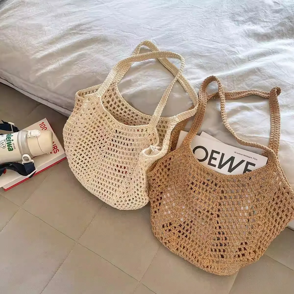 

Casual Cotton Yarn Woven Bag Korean Style Large Capacity Straw Weaving Beach Vacation Women's Shoulder Bag with Detachable St...