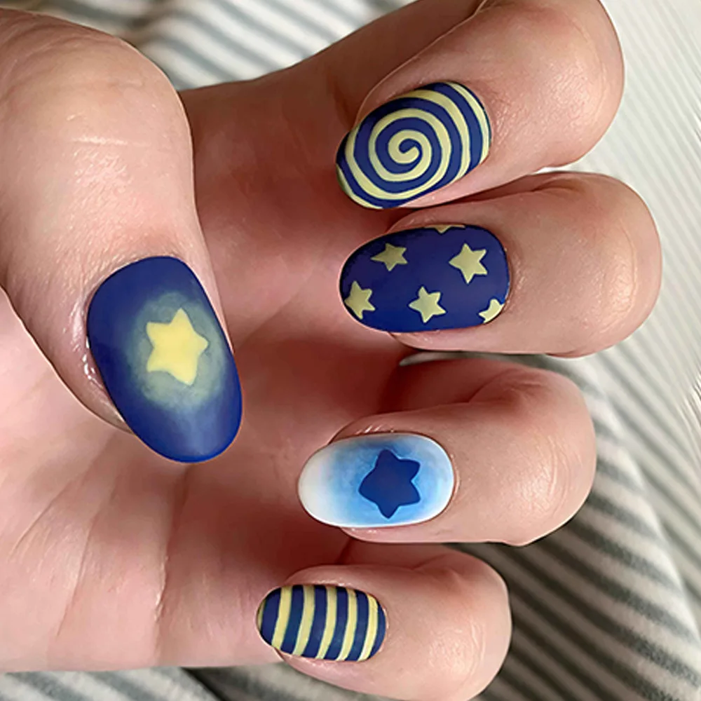 

24Pcs matte starry sky press fake nails yellow star nail piece blue yellow wearing nail art