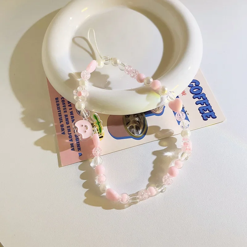 Casual lindo rosa blanco transparente acrílico tulipán cuentas correas para teléfono móvil bolso Kawaii teléfono encanto pulsera chica llavero cordón