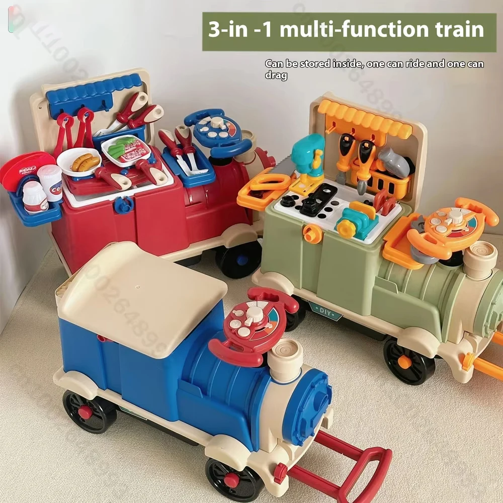 

3 in 1 Sliding Train Pretend Play Kitchen Set Medical Tools Tool Box Steering Wheel Toy for Kids Sounds for Toddles Girls Boys