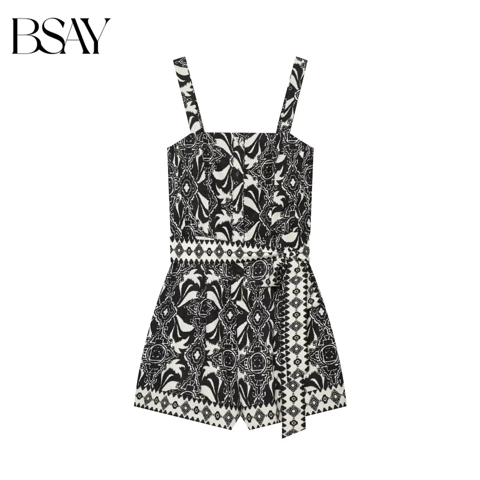 BSAY Boho Women Black White Geometric Print Romper Spaghetti Strap Square Neck With Tie Waist Belt Summer Beach Vacation Outfit