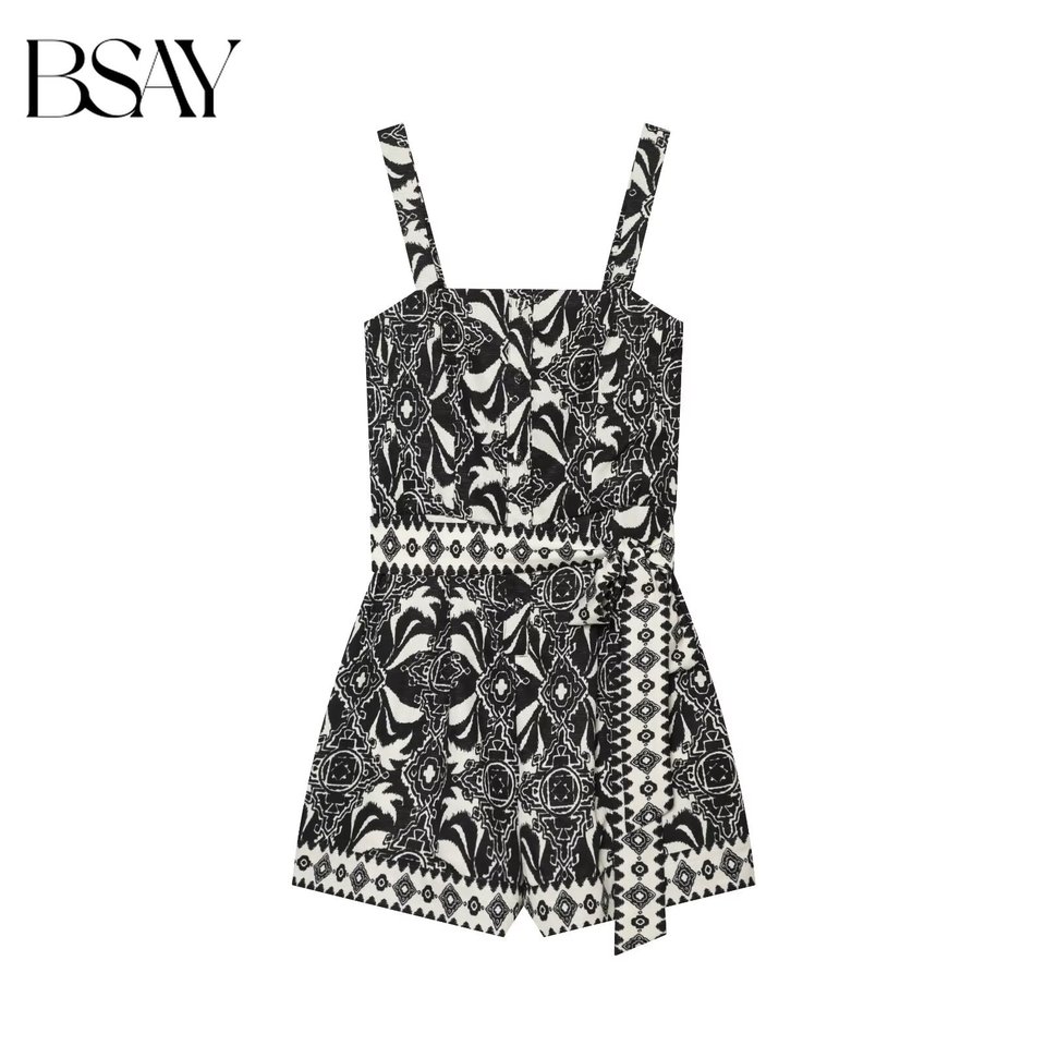  BSAY Boho Women Black White Geometric Print Romper Spaghetti Strap Square Neck With Tie Waist Belt Summer Beach Vacation Outfit 