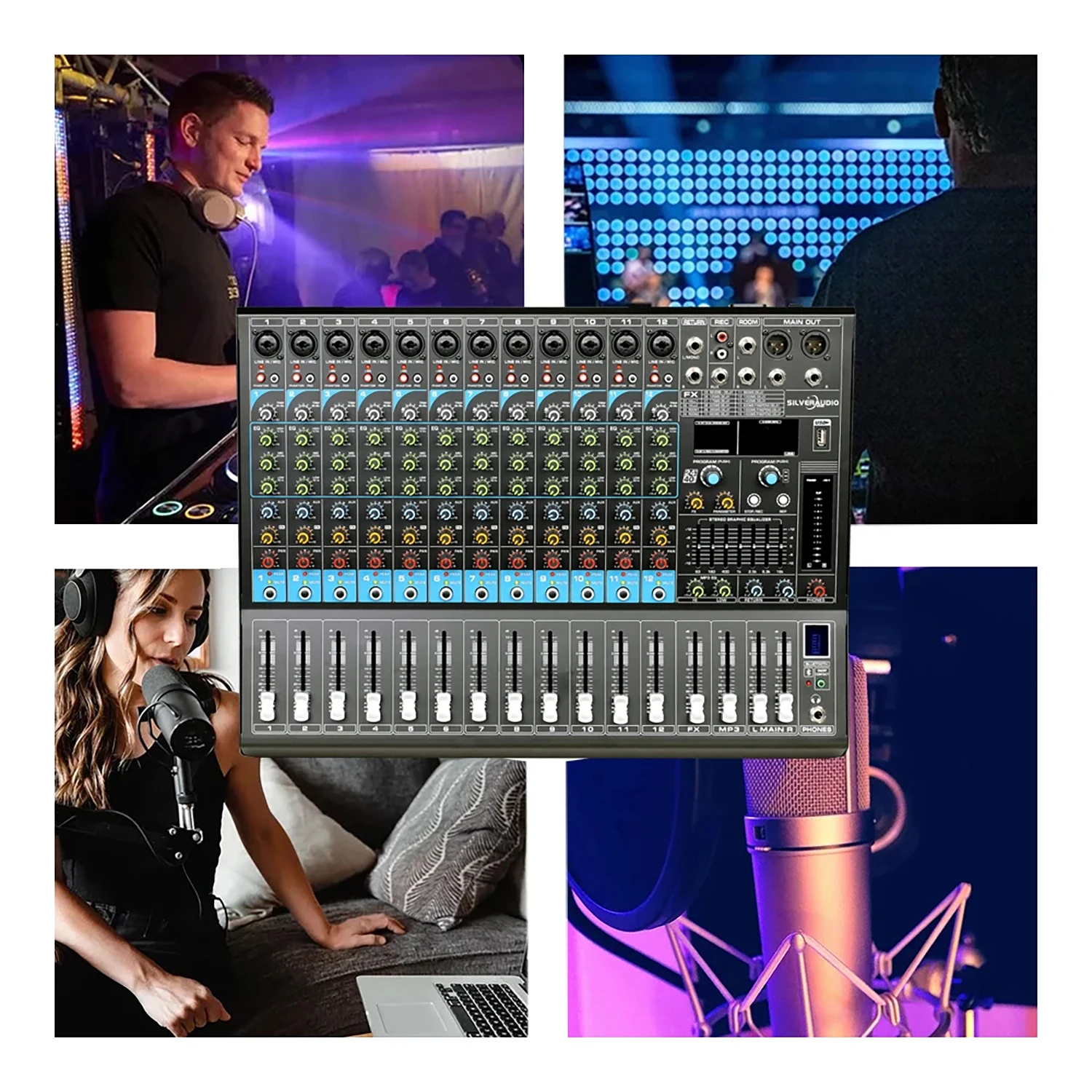 GAX-GL12 プロフェッショナルミキシングコンソール、バンド、パーティー、コンサート用デジタルオーディオミキサー、アンプ内蔵、12チャンネルUSBステレオサウンド