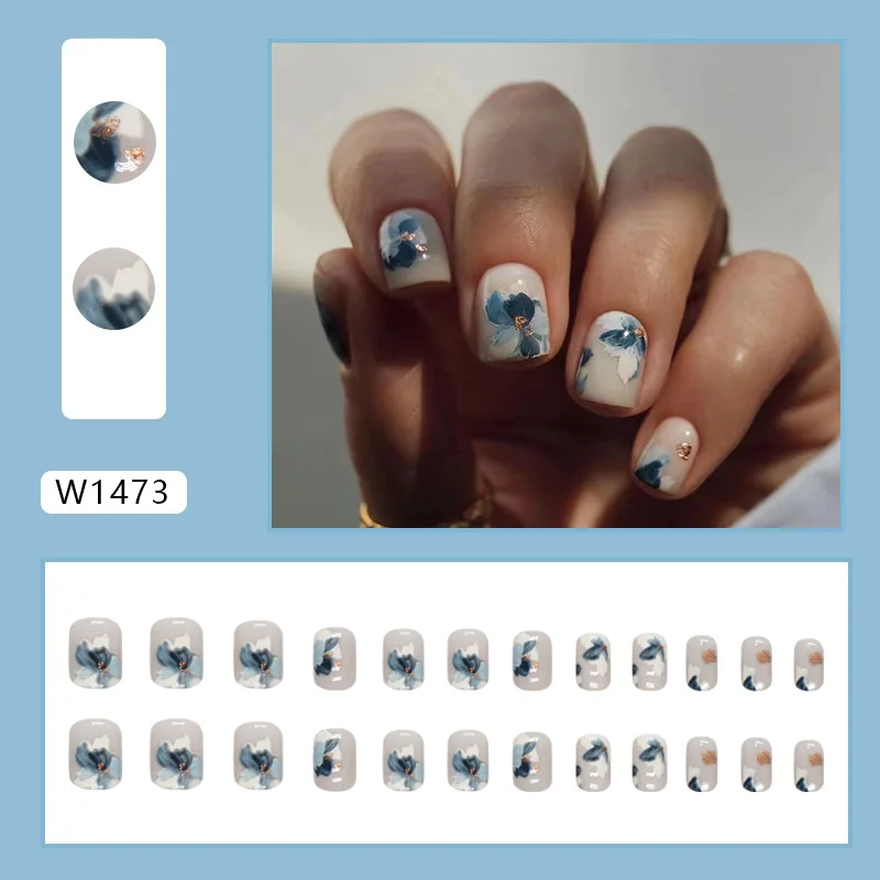 24 stücke blaue Blume Vintage kurze Nägel drücken auf kurze Acryl Nagels pitzen quadratische falsche Nägel mit Kleber Strand dekoriert gefälschte Nägel