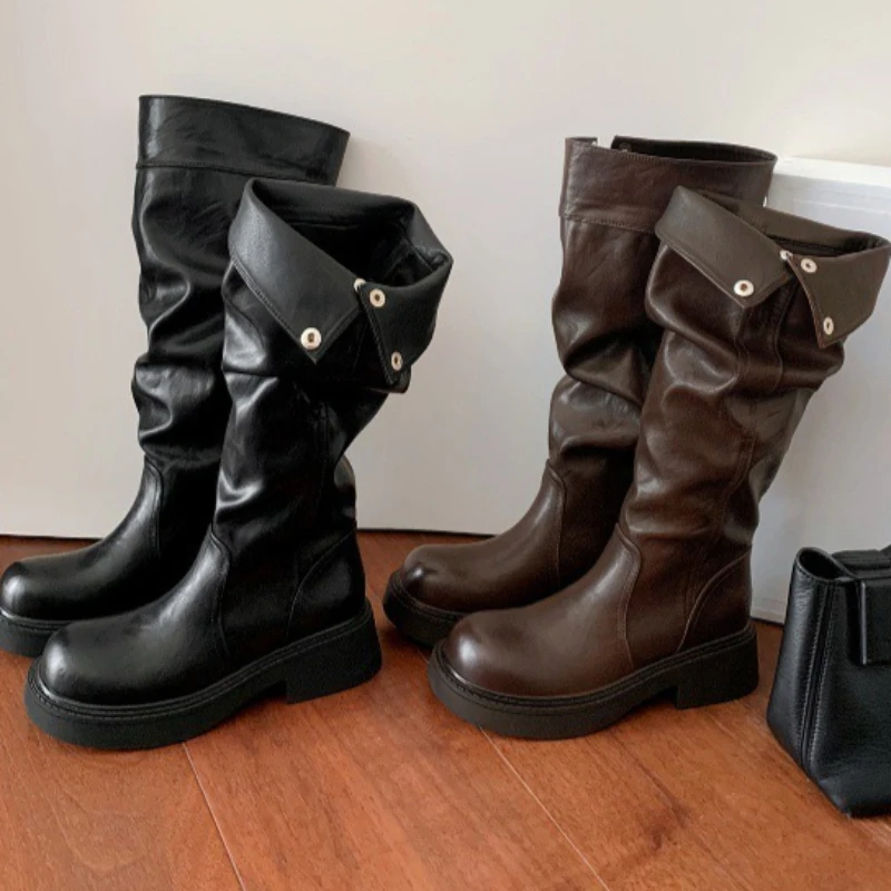 

Винтажные женские ковбойские сапоги в стиле вестерн с пряжкой на ремне, модные длинные ботильоны без шнуровки на низком каблуке, сапоги De Inverno Feminina, уличные сапоги