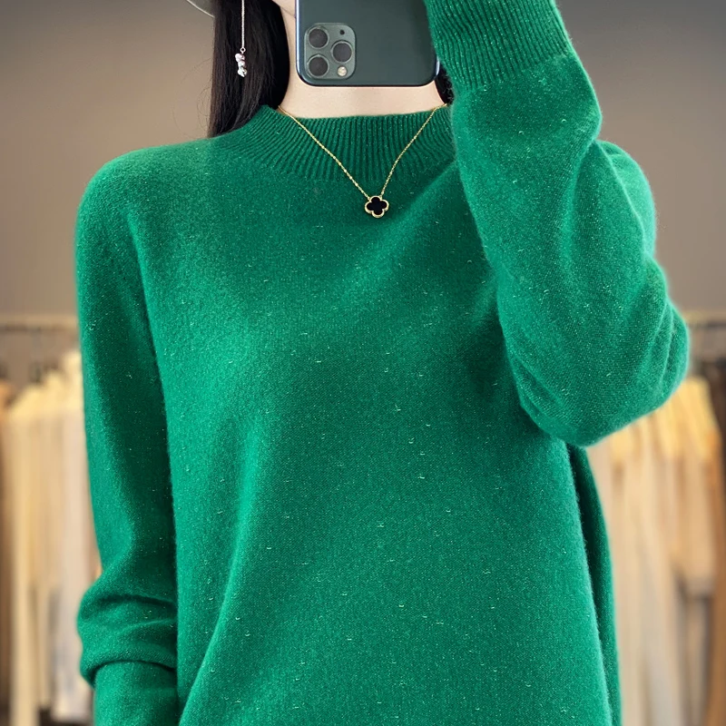 

Fall/Winter 2024 New 100% Merino Wool Sweater Women's Semi-high Neck Pullover Knitted Loosely to Send Joker Sweater