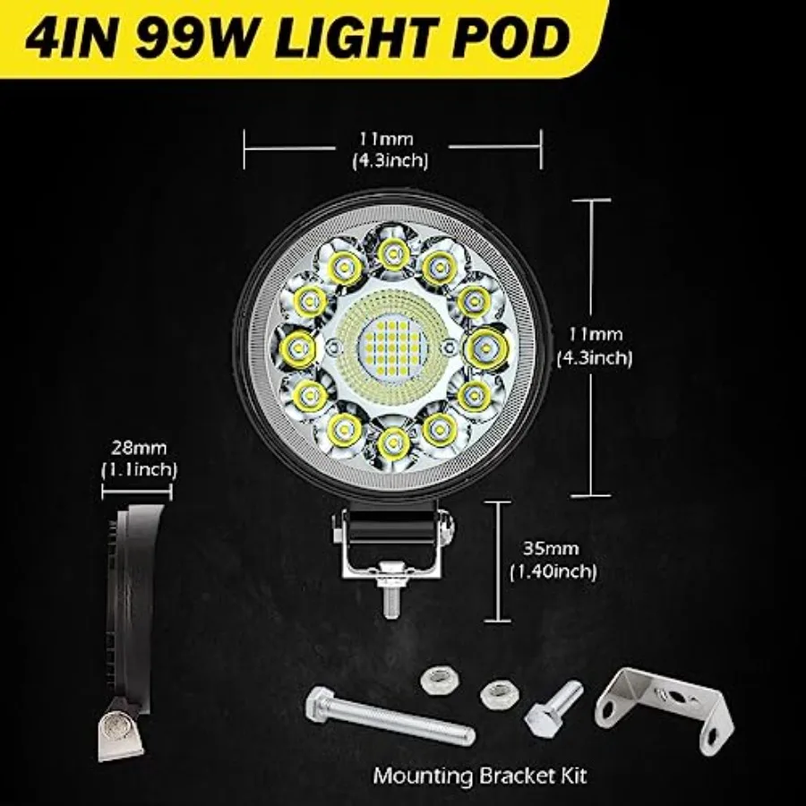 LED Spot Work Lights 4 Inch Round LED Light Pods 99W Off Road Driving Light Bar 12V 24V Tractor Fog Pod Lights for SUV ATV Golf