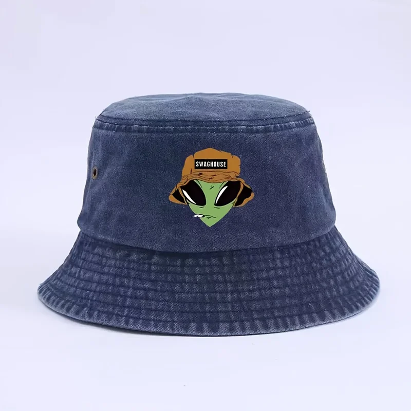Super coole Nische! Blauer Fischerhut, Alien-Muster + SWAGHOUSE-Element