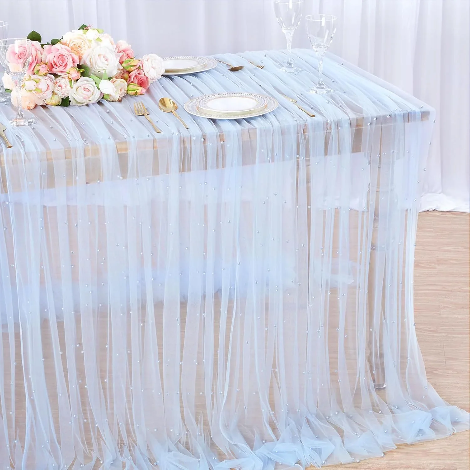 Pearl Tulle Table Runner Tablecloth White Table Cloth Wedding Veil Fabrics for Wedding Birthday Party Arch Dessert Table Decor