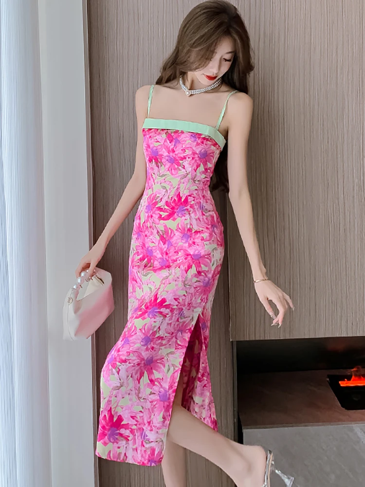 Vestido largo Rosa Floral bohemio para mujer, traje elegante con tirantes, Espalda descubierta, Sexy, con abertura, para fiesta y noche, 2024