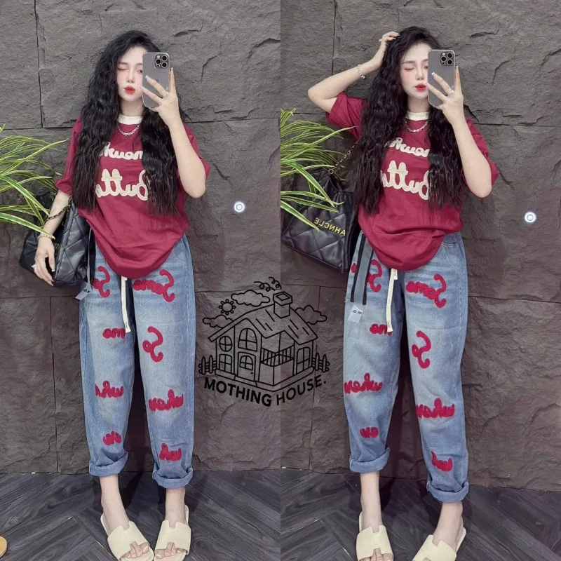 Retro Fashion Suit Women's Summer New Letter Printing Short-sleeved Milk Silk Wide-leg Pants Two-piece Set view 4