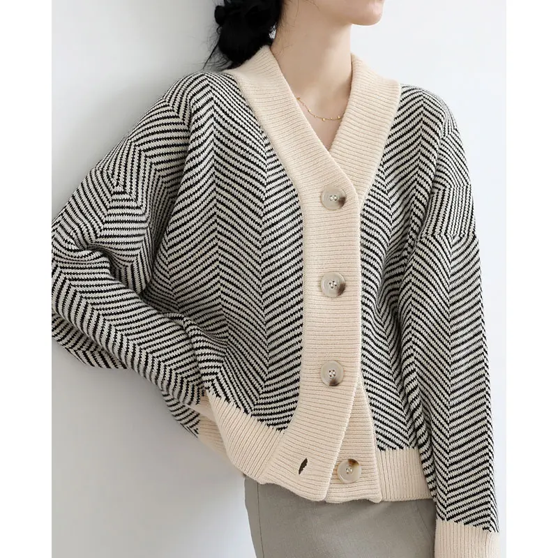 

Lazy style cardigan for women, autumn and winter new retro knitted open sweater for women, striped loose thick version to wear