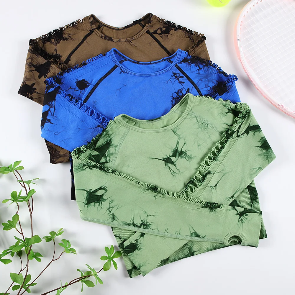 CHRLEISURE Women Hollow Tie Dye Sports Top Seamless Yoga Shirt Slim Gym Workout Tee