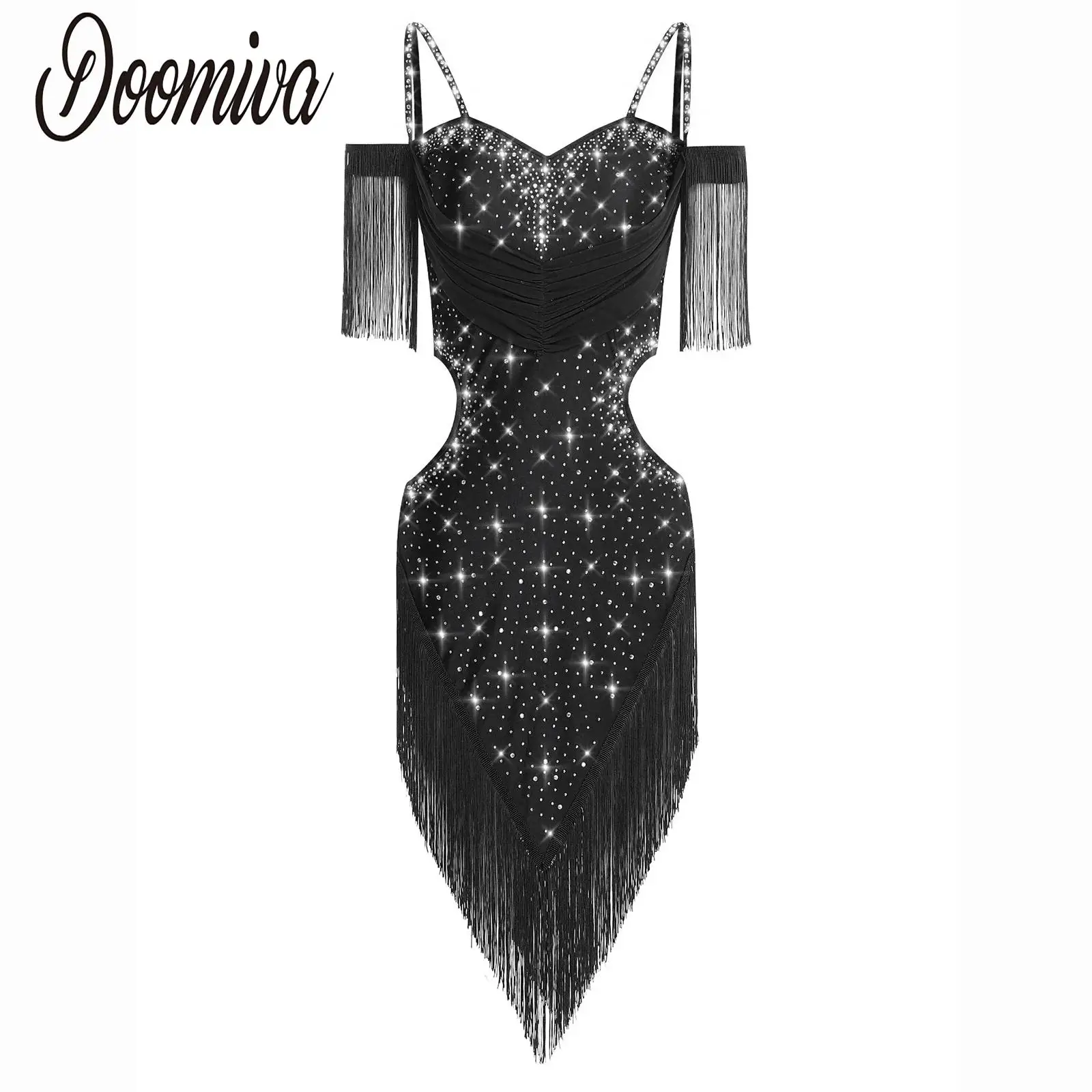 大人のラテンジャズダンス衣装女性サンバルンバチャチャパフォーマンスダンスウェアスパゲッティストラップフリンジ光沢のあるラインストーンドレス