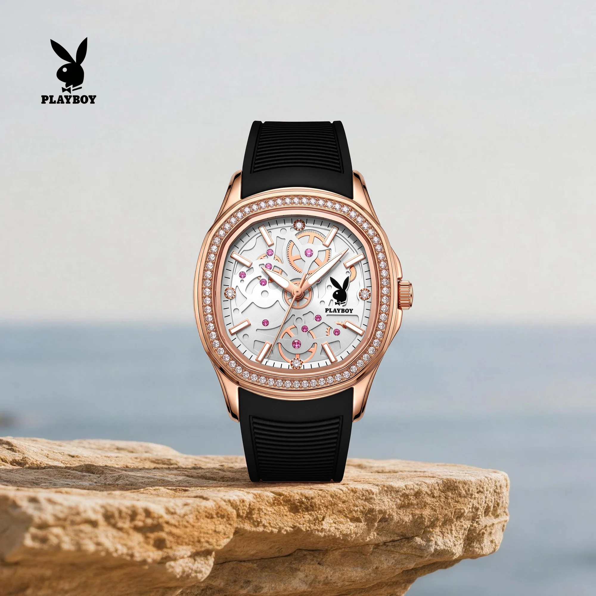 PLAYBOY 3157 Quartz Movement Square Dial Watch For Women Silicone Strap HD Luminous 30m Waterproof Diamond Dial Design Watch