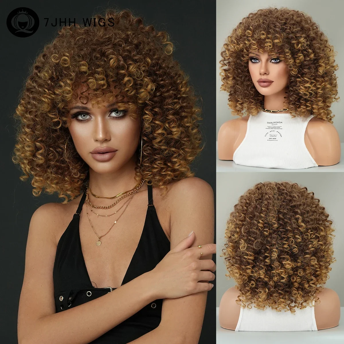 

7JHH WIGS Afro Curly Short Bob Blonde Wig for Black Women High Density Synthetic Brown Afro Bob Wigs with Bangs