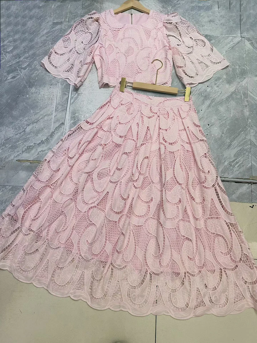 VGH Solid Elegant Two Piece Set for Women O Neck Half Sleeve Top High Waist Spliced Hollow Out A Line Skirt Outfit Female Summer