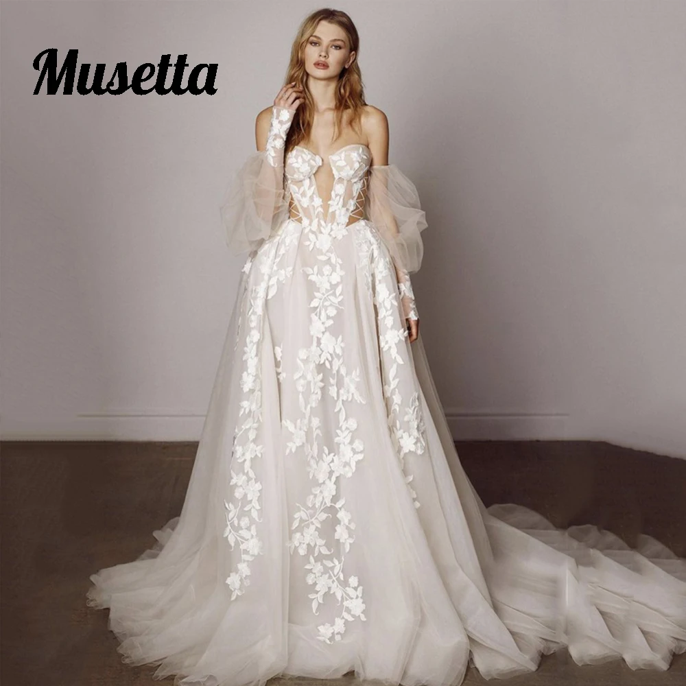 Musetta Elegant Lace Appliques Wedding Dresses Half Bubble Sleeves A Line Bridal Gowns Backless Sweep Train Vestidos De Novia