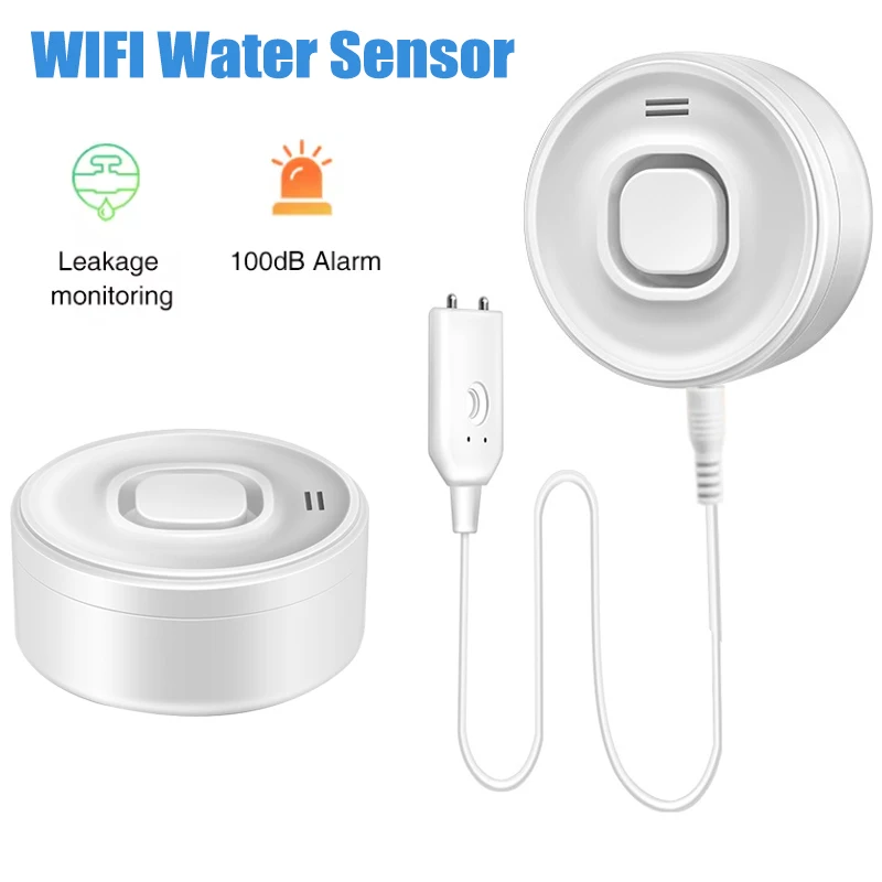 WiFi Water Leak Alarm Detector, 100dB Loud Alert Water Sensor, Easy Installation for Home Basement Flood (Not included battery)