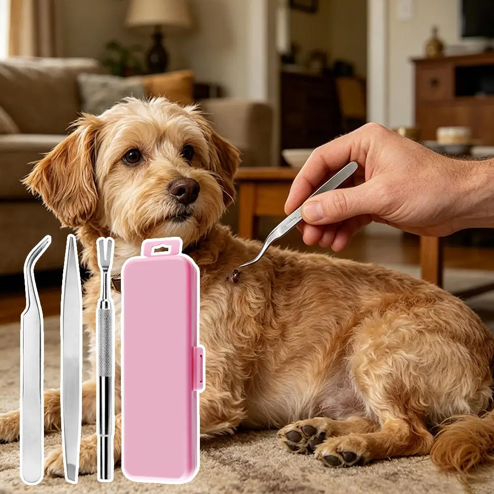 1 Set tragbares Zecken- und Flohentfernungswerkzeug mit Gabel und Pinzette, professioneller Zeckenextraktor aus Edelstahl für Menschen, Hunde und Katzen – Detail 5