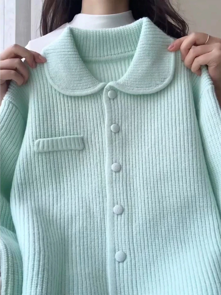 

Warmth Lake Water Blue Knitted Open Cardigan Women's Autumn Winter Loose Sle Faux Collar Sweater Outerwear Youthful Feeling