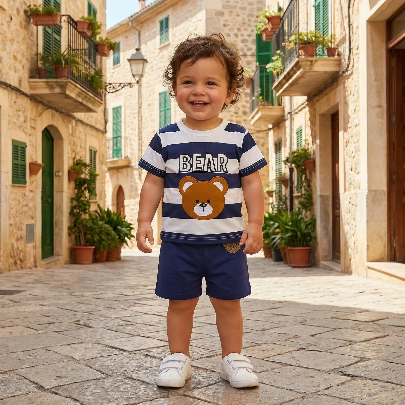 Baby Boys Summer Outfits Bear Letter Embroidery Striped Short Sleeves T-Shirt and Elastic Shorts Set for 2 Piece Clothes