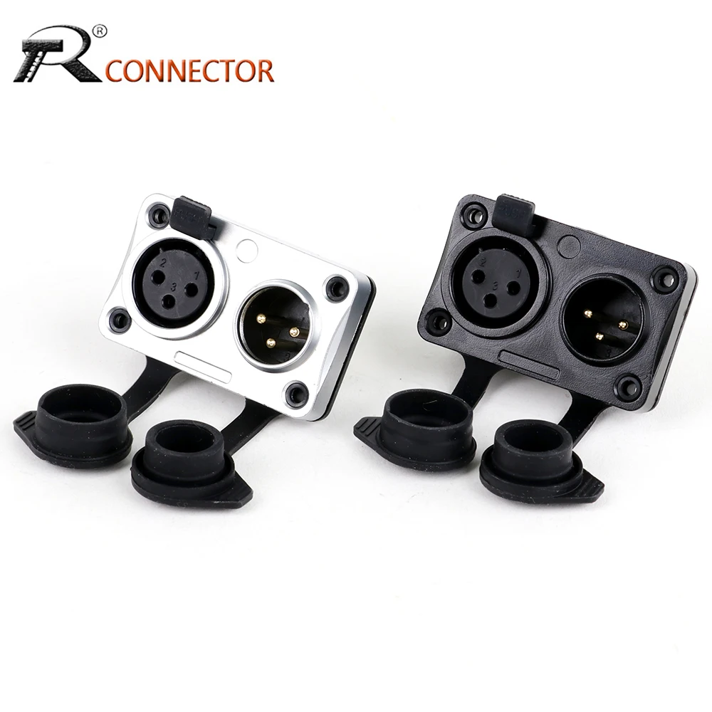 1pc Outdoor Waterproof XLR 3Pin Female+3Pole XLR Male Panel Mount Socket Connector XLR 3Pole Female+Male Combination 2 In1 IP65